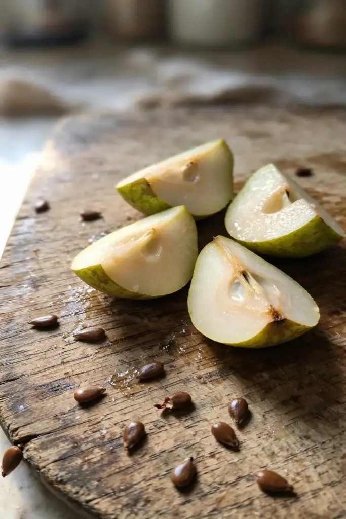 Small brown pear seeds beside a cut-open ripe pear on a wooden board.