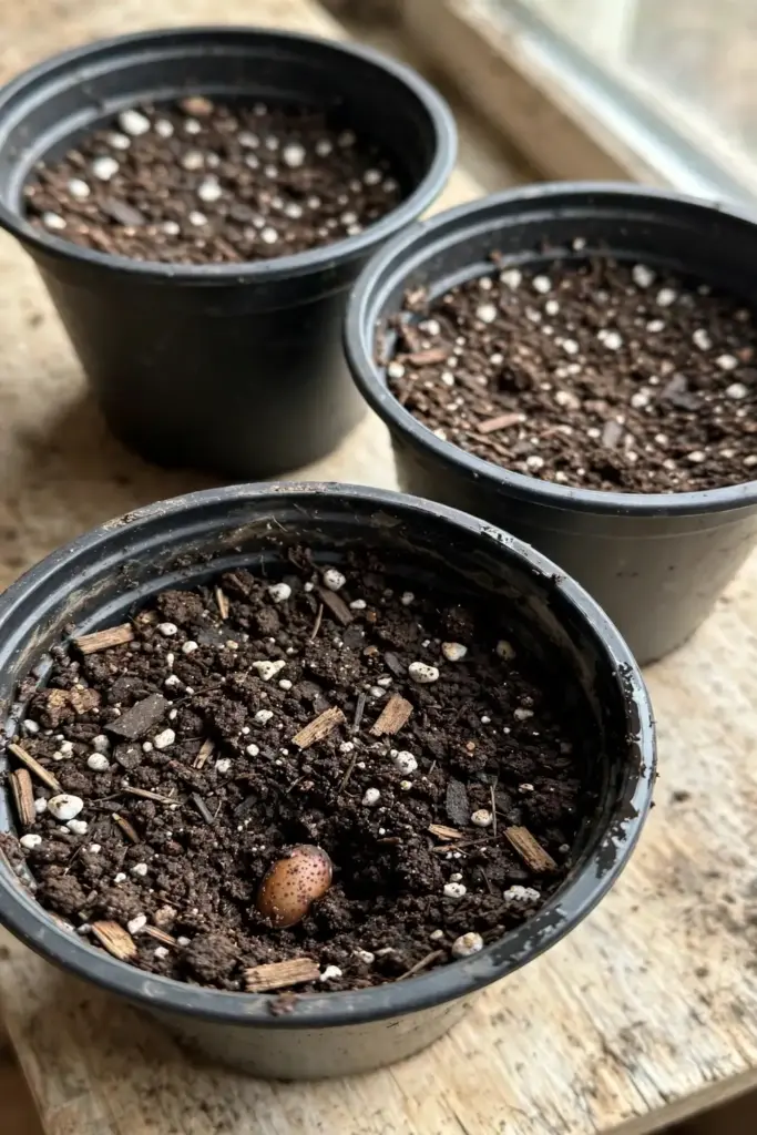 Small pots of dark potting soil with pear seeds just sown, at soil level.