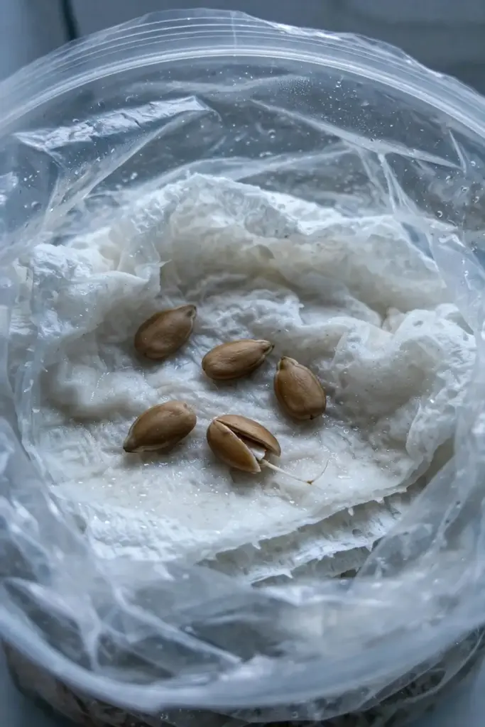 Pear seeds resting on a damp folded paper towel inside an open plastic bag.
