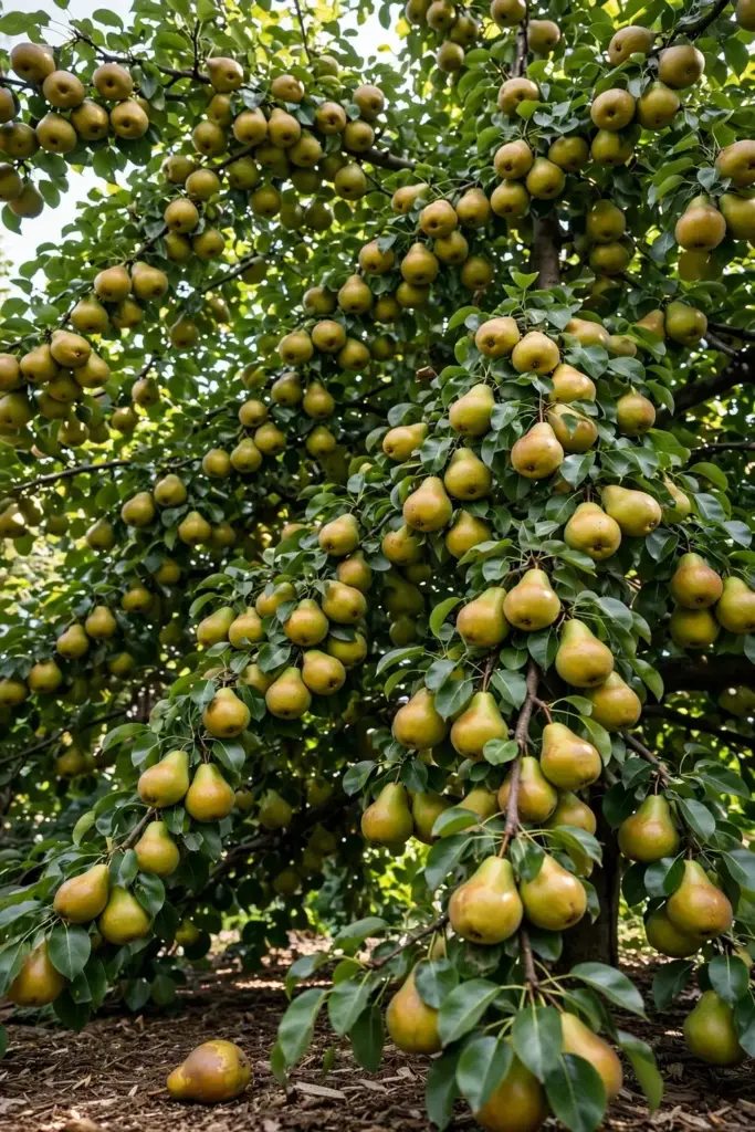 Whole pear tree absolutely laden with ripe fruit in a home garden.