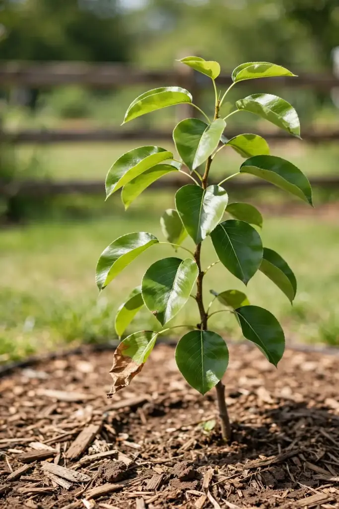 Young pear tree standing in a tidy mulched garden bed in daylight.