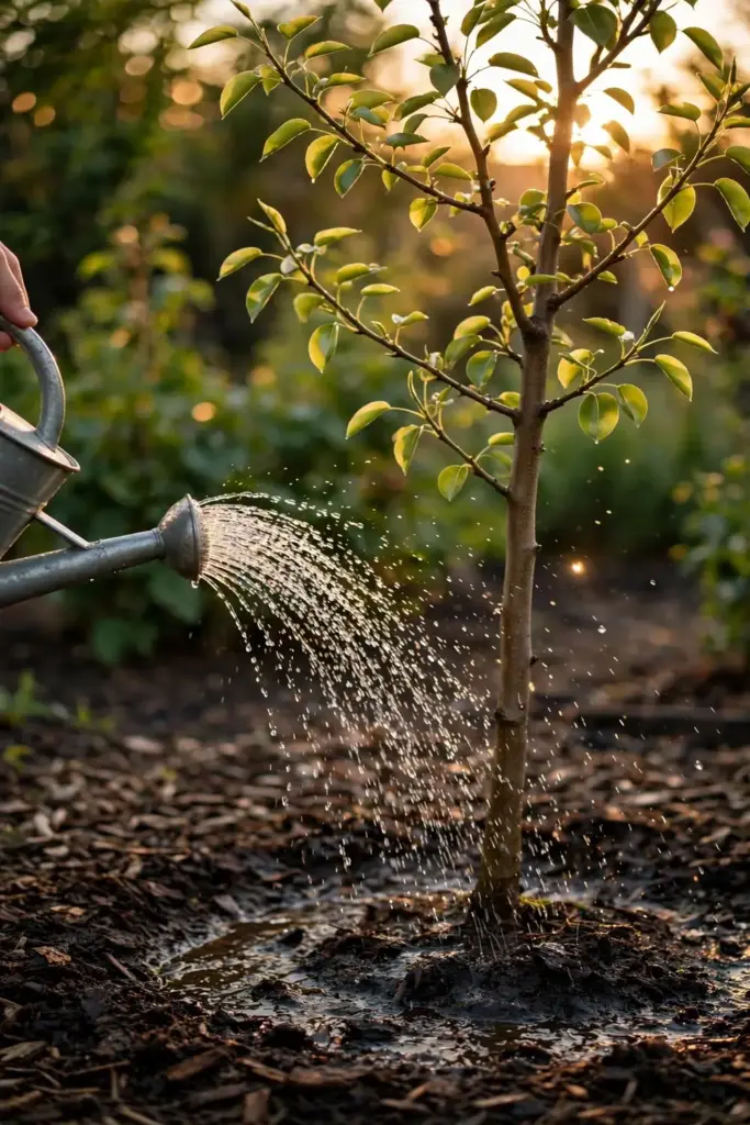Hand tipping a watering can so water arcs onto the base of a young pear tree.