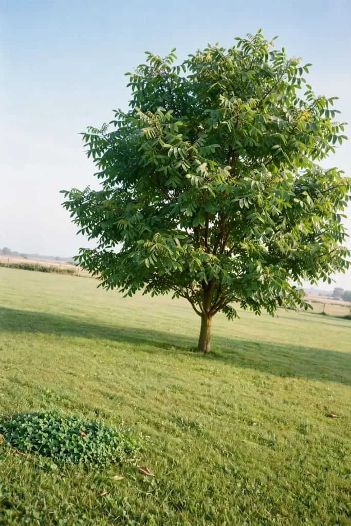 Single pecan tree standing in full sun with wide clear spacing around its canopy.
