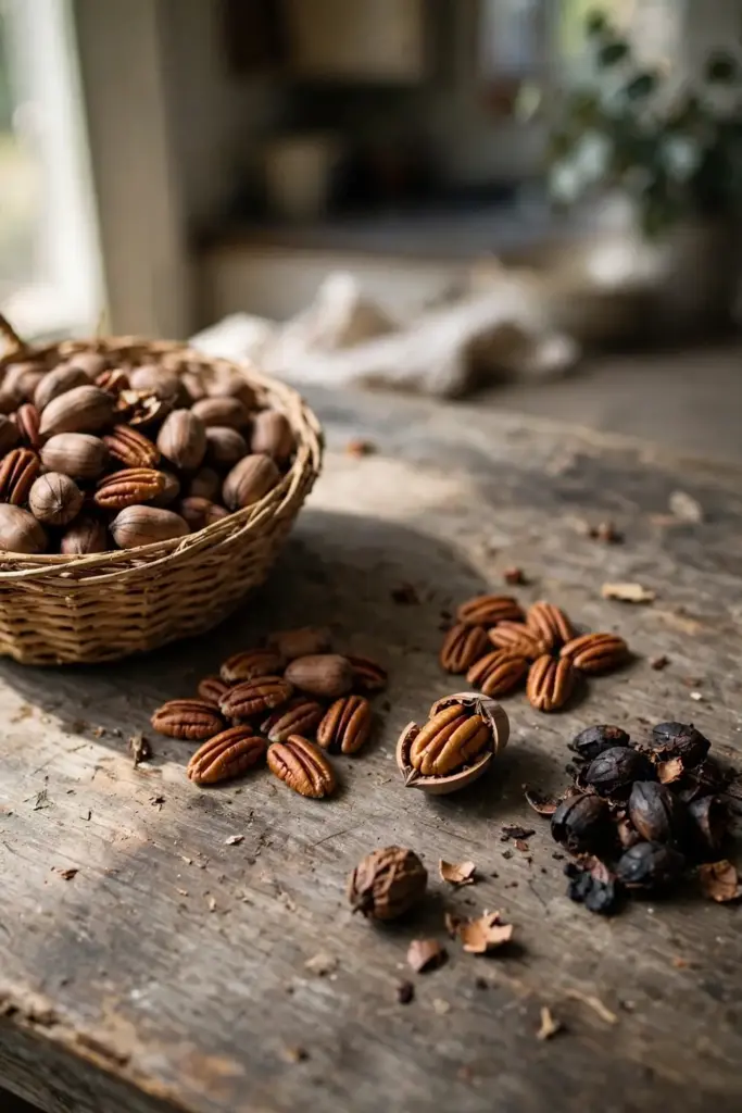 My own harvest basket of fresh pecans sorted on a wooden table.