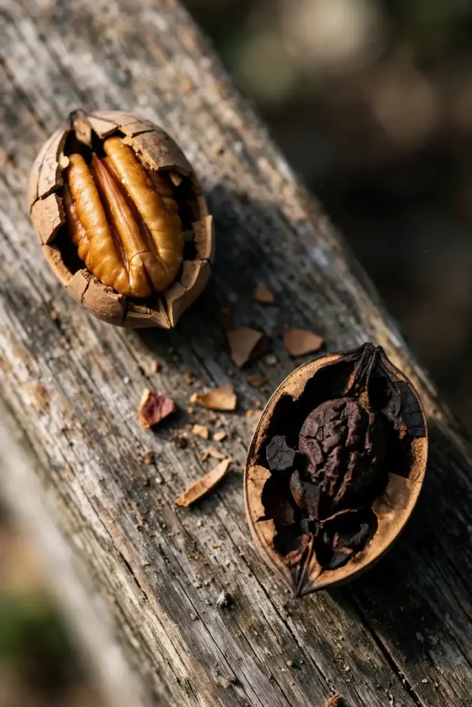 Cracked pecans showing a plump healthy kernel beside a shriveled scabbed kernel.