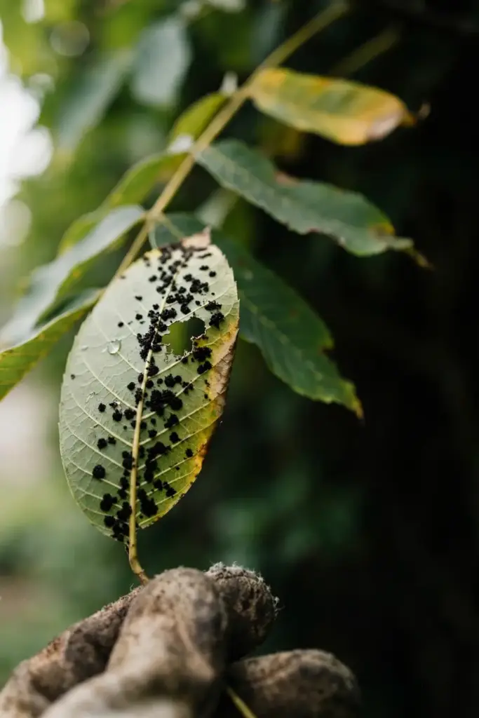 Pecan leaflet underside with black scab lesions along veins, held by a worn garden mitt.