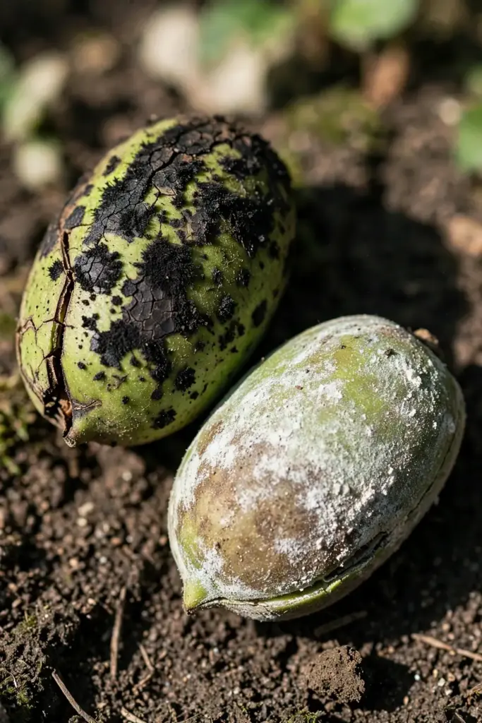 Black scab lesions on one pecan shuck beside white powdery mildew coating on another.