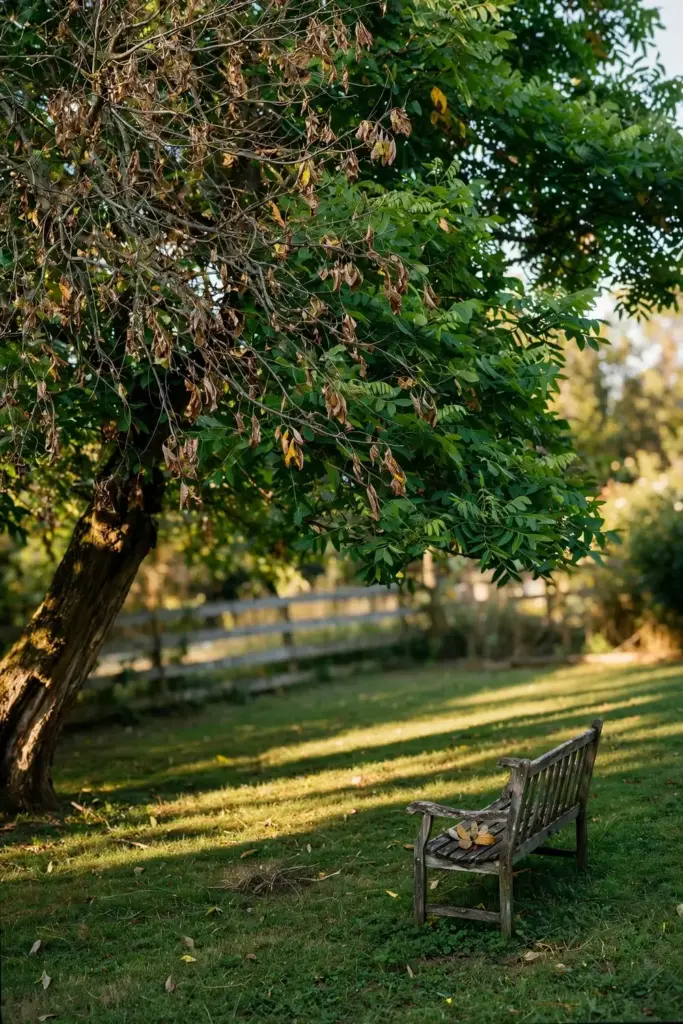 Mature pecan shade tree with a patchy canopy over a quiet backyard lawn.