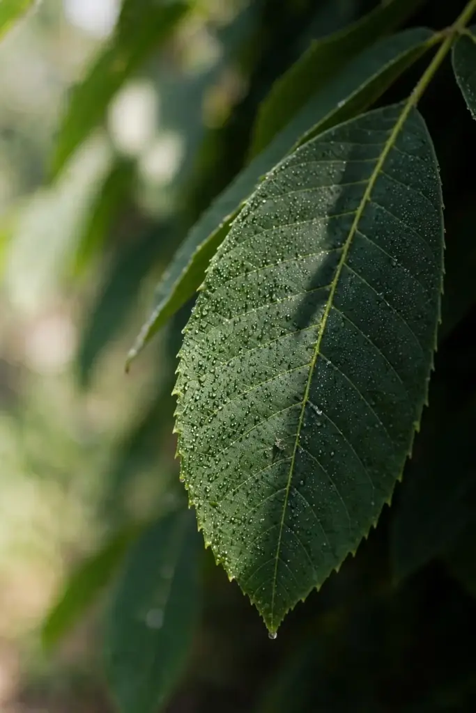 Pecan leaflet with fine nutrient spray film and healthy deep green tissue.