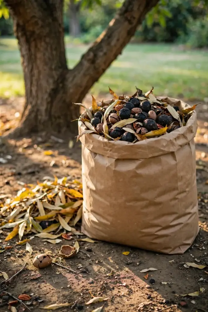 Raked pile of pecan leaves, shucks, and fallen nuts bagged under the tree.