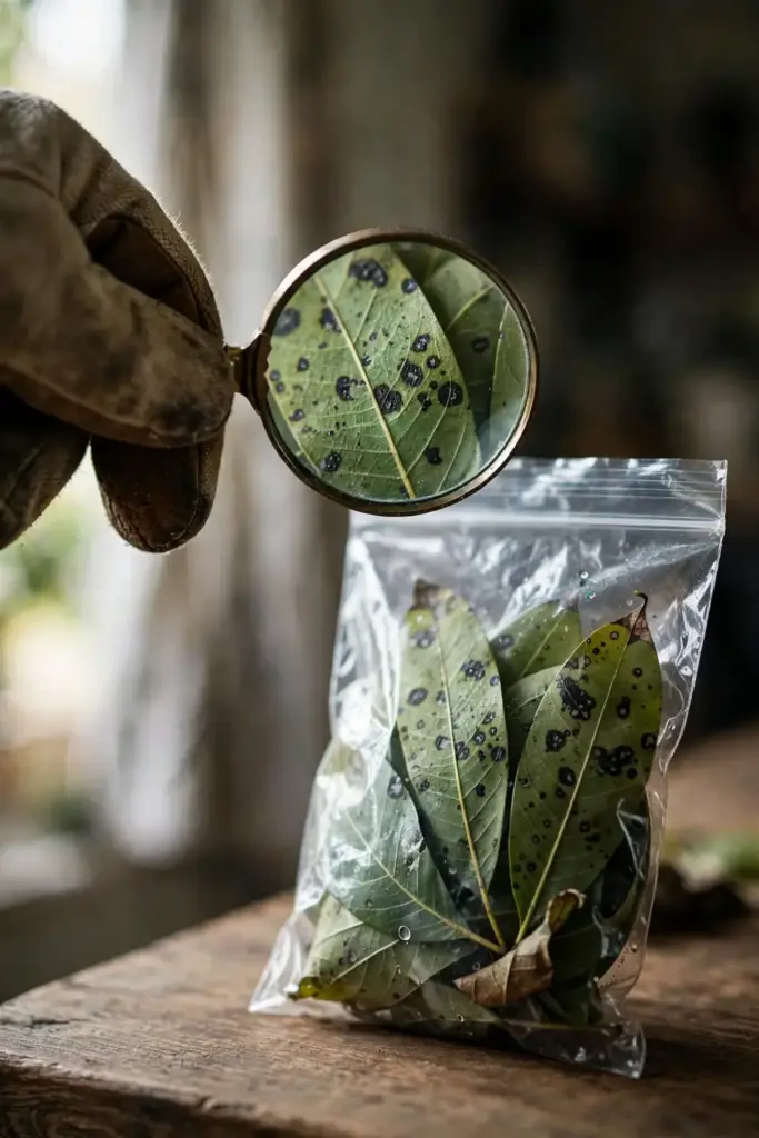 Magnifying glass over bagged pecan leaf samples ready for the extension clinic.