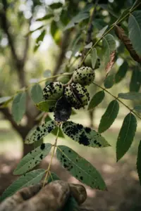 Pecan branch with black fuzzy scab lesions on leaves and shucks, held by a worn garden mitt