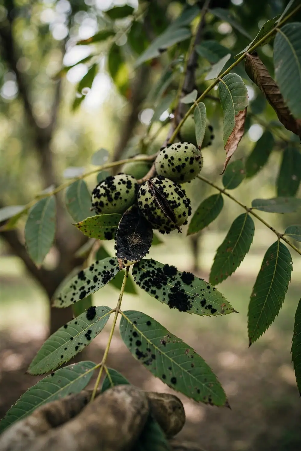 Pecan branch with black fuzzy scab lesions on leaves and shucks, held by a worn garden mitt