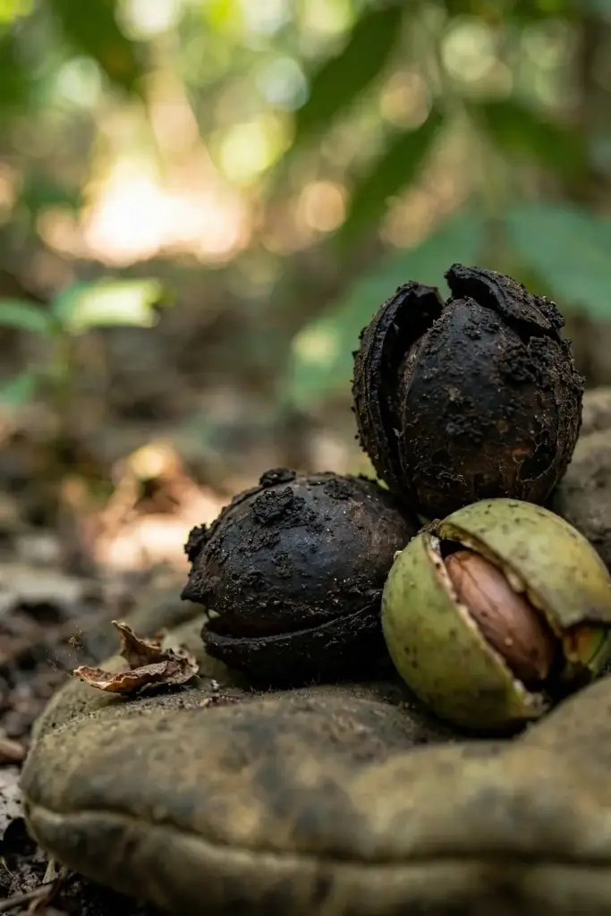 Pecan shucks blackened by scab with one stick-tight nut, held by a worn garden mitt.