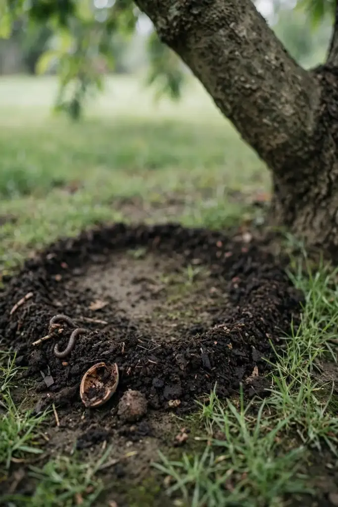 Thin compost ring spread under a pecan drip line over dark moist soil.