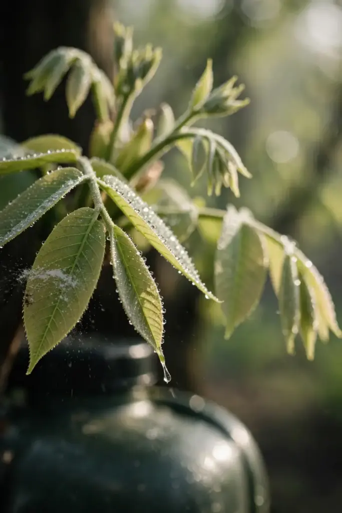 Fine spray droplets coating young pecan leaves at bud break with a sprayer tank at the edge.