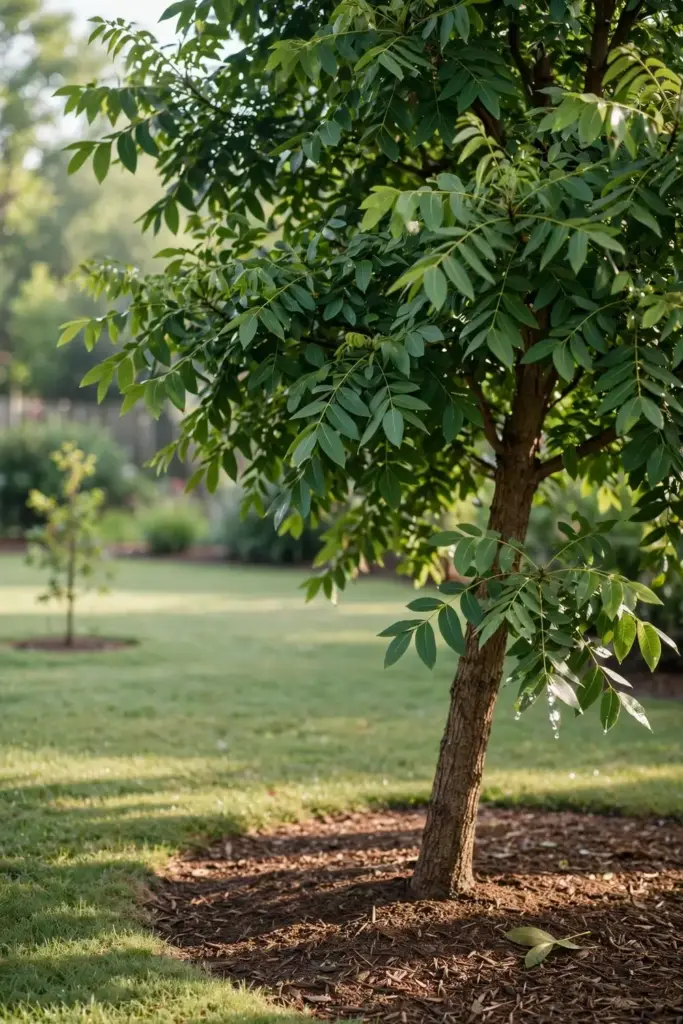 Thriving backyard pecan tree with a full green canopy in morning light.
