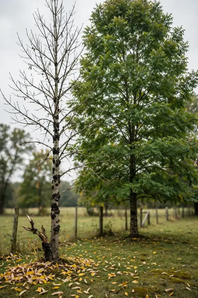 Two pecan trees side by side, one defoliated by scab and one holding green leaves.