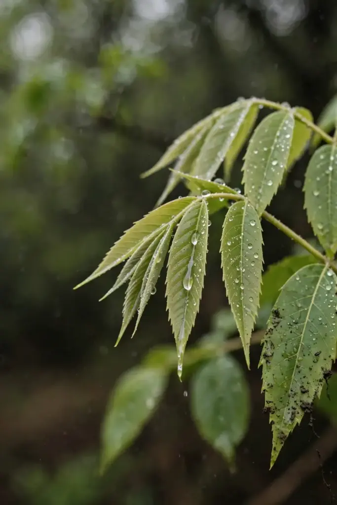 Young pecan leaflets beaded with rain droplets after a warm spring shower.