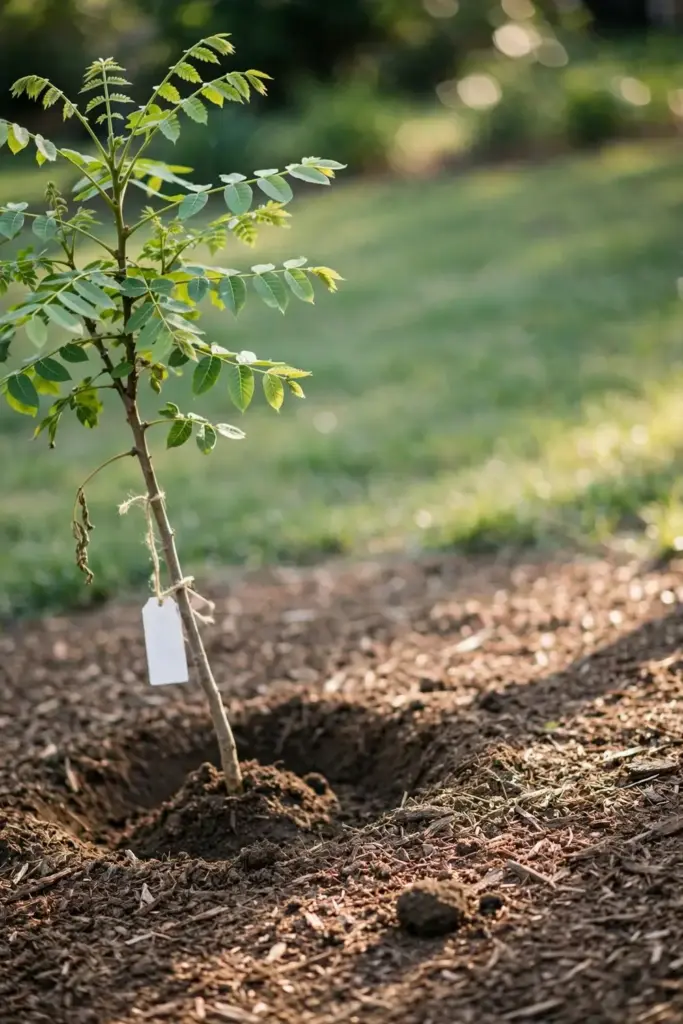 Young pecan tree with a nursery tag standing in a mulched planting hole.