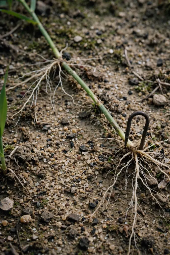 Buffalo runner pinned to soil with nodes touching a thin topdressing layer