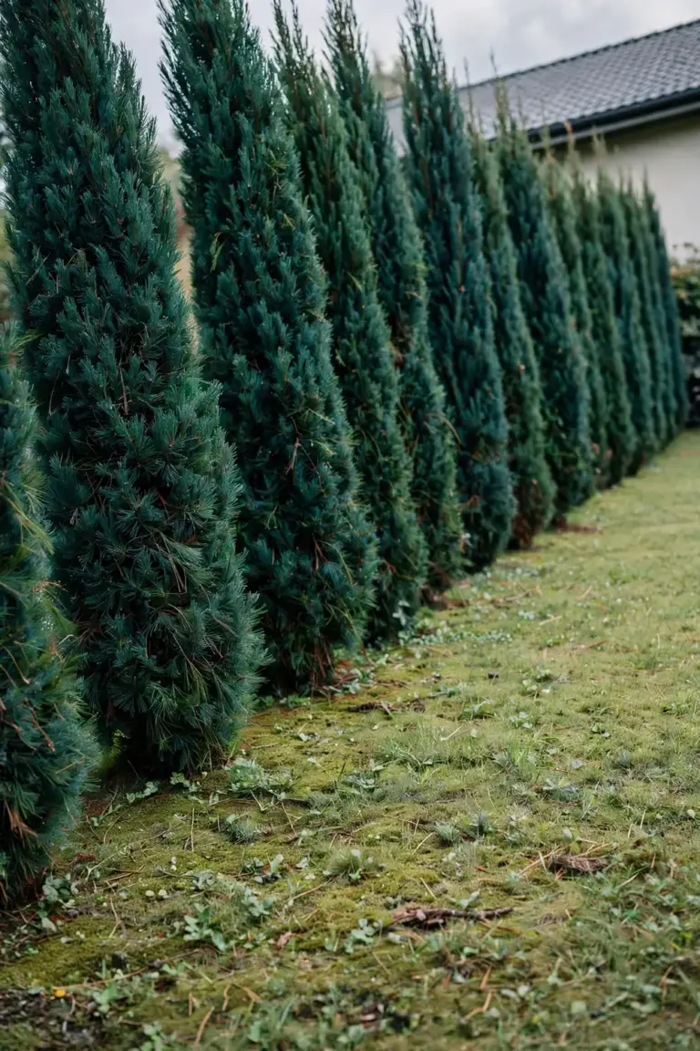 Row of tall narrow pencil pine trees screening a boundary