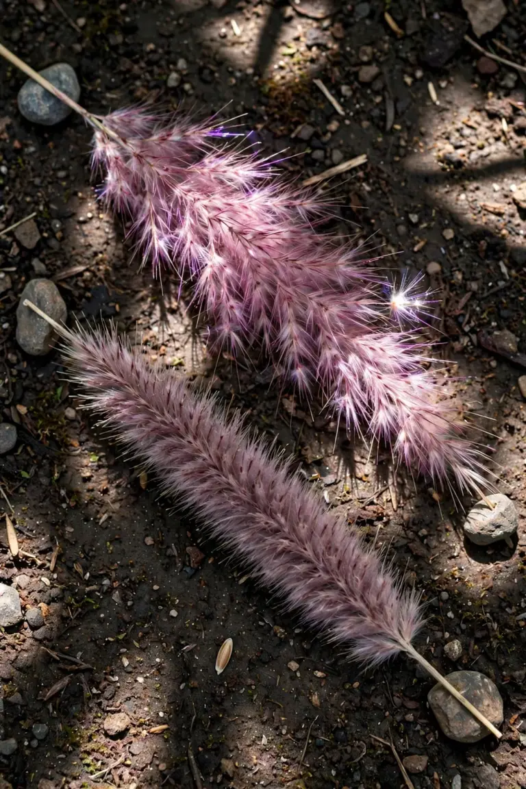 Two fountain grass seed heads compared: feathery bristles versus soft bottle-brush