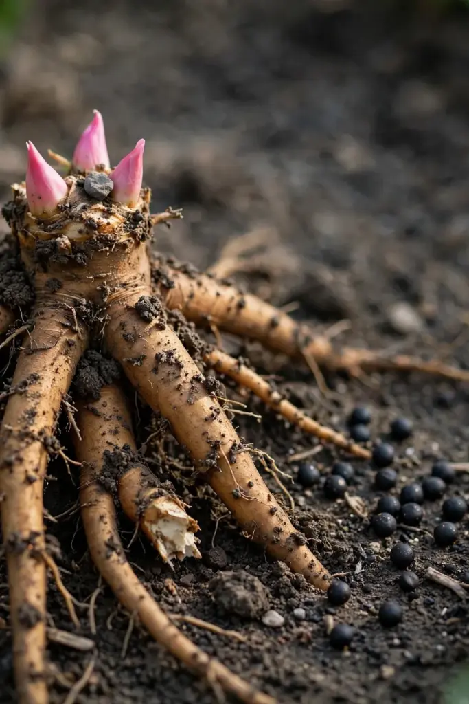 Peony bare root division with pink eyes beside black peony seeds on soil