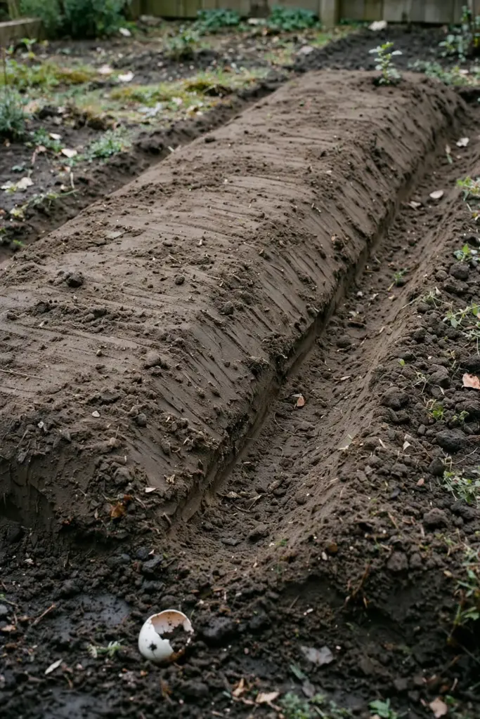 Freshly prepared deep garden bed of dark loamy soil with compost worked in
