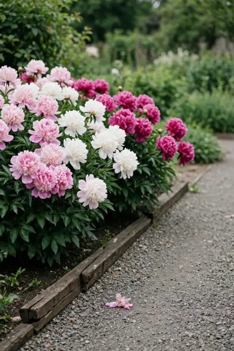 Peony bed at peak bloom with a garden path running alongside
