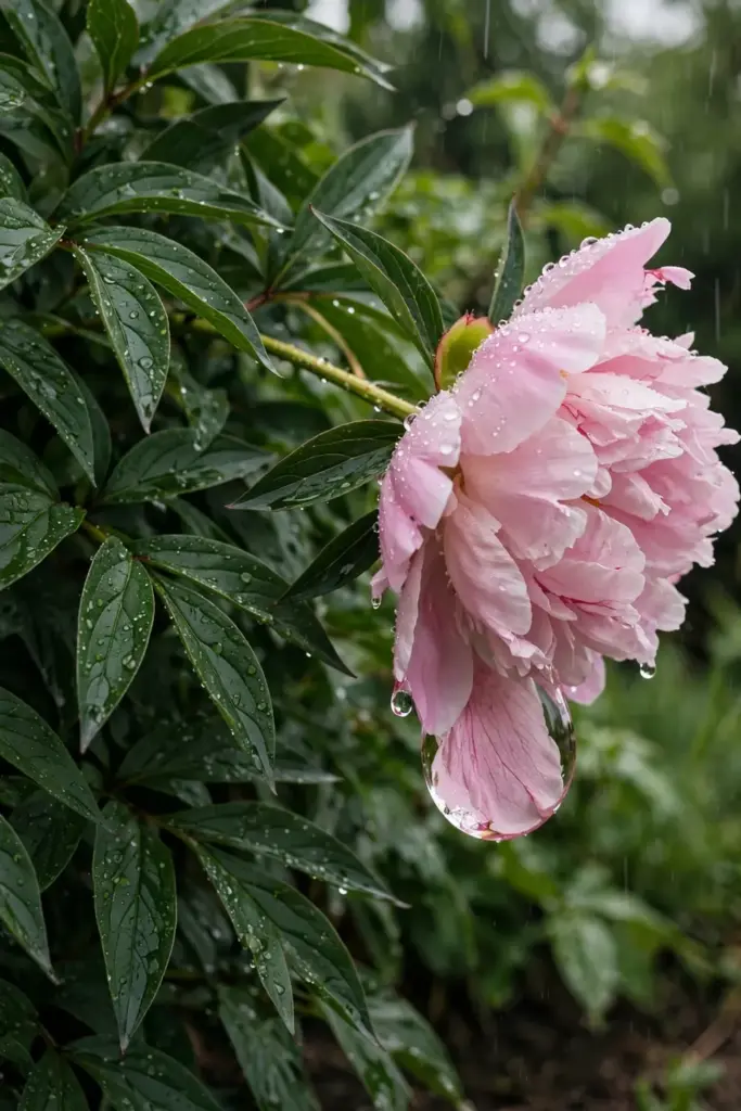 Pink peony bloom with raindrops on petals in a garden