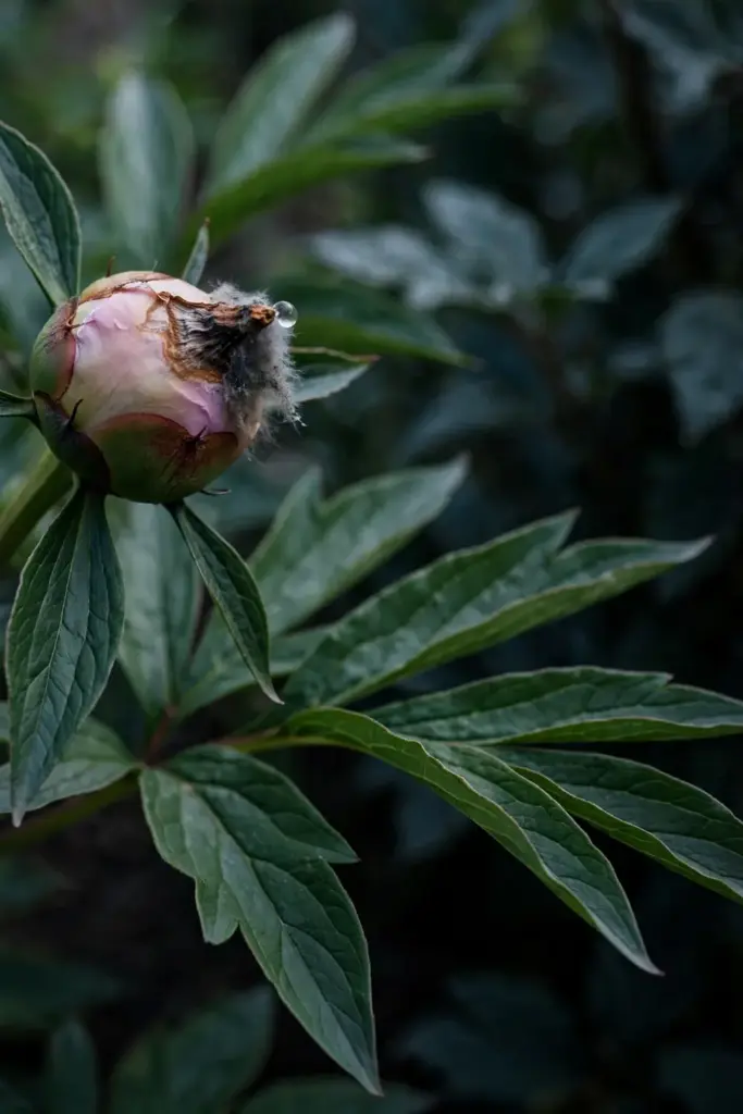 Peony flower bud turning brown with gray mold on its petals