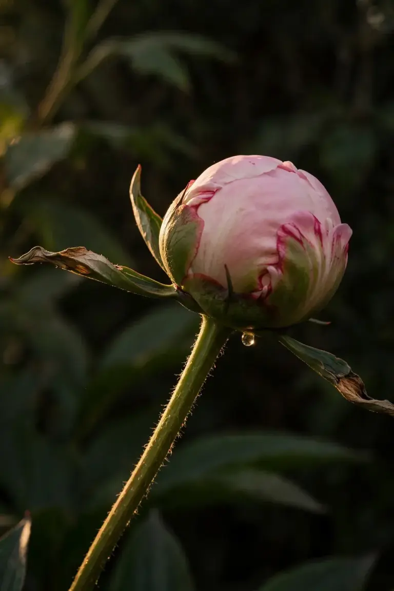 Peony bud at the marshmallow stage, soft and showing color before opening