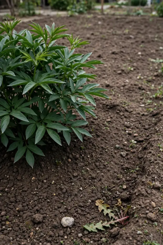 Peony clump growing in a sunny well-drained garden bed with open sky above