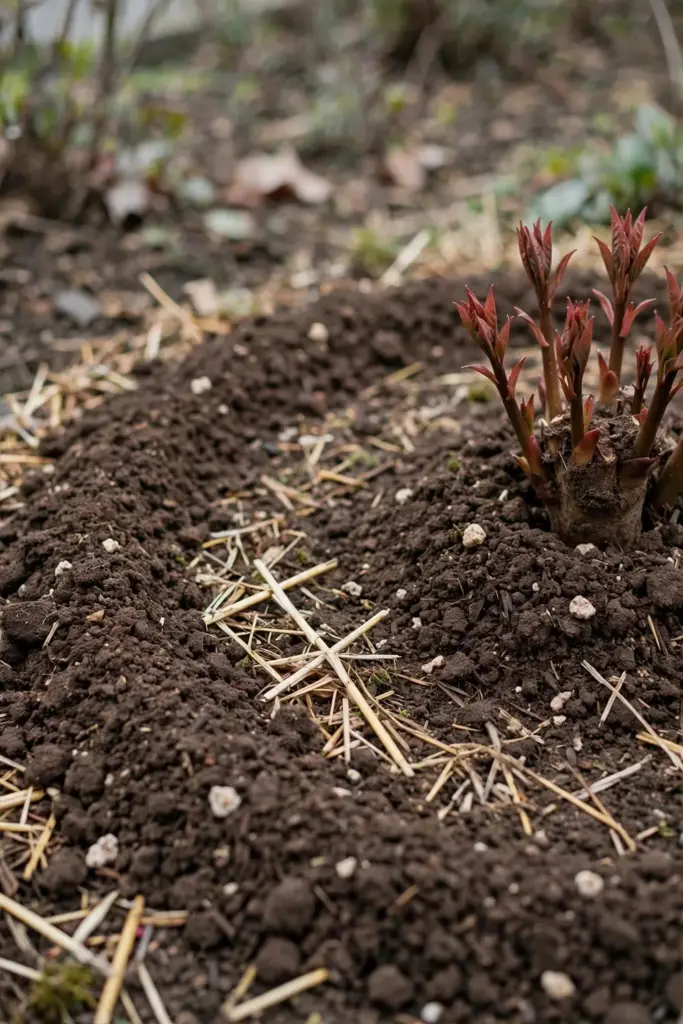 Thin ring of compost and straw mulch around a peony crown with clear gap at stems
