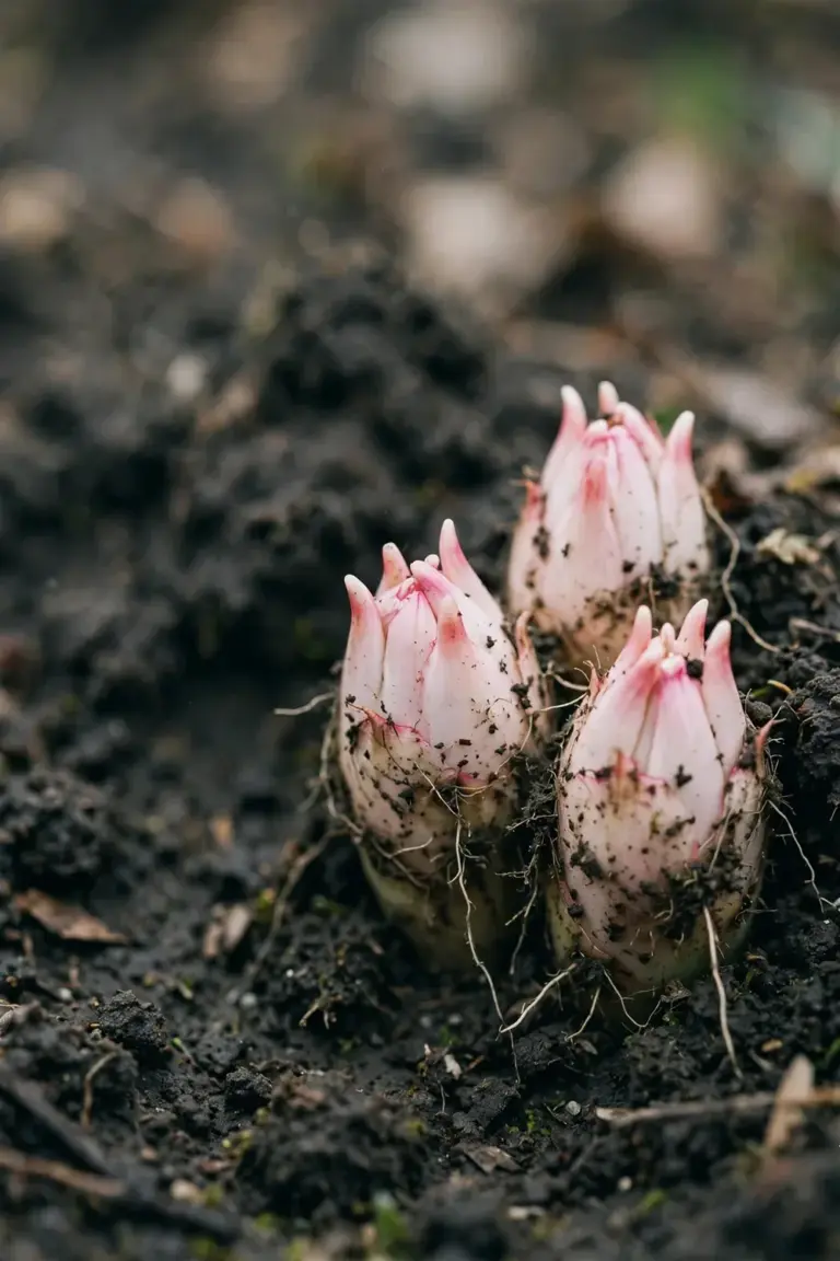 Macro of pink peony eyes just below the soil surface at the correct shallow depth