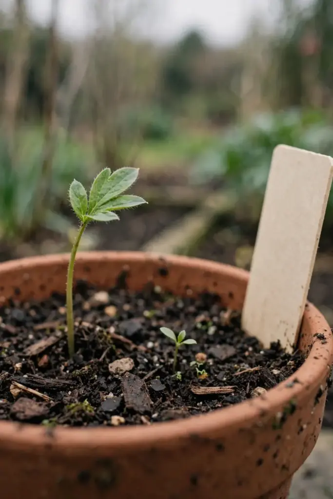 Single-leaf peony seedling in a pot with a blank wooden plant tag