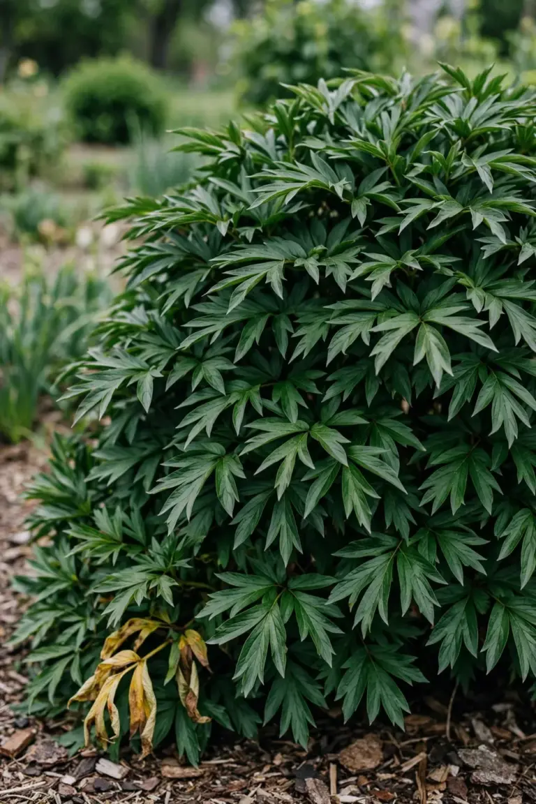 Healthy peony foliage mound with no flower buds, illustrating the bloomless-plant problem