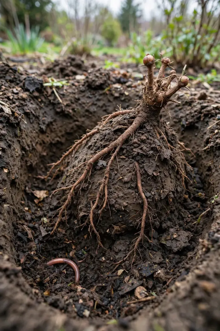 Planting hole with a low cone of soil holding a peony crown at the right height