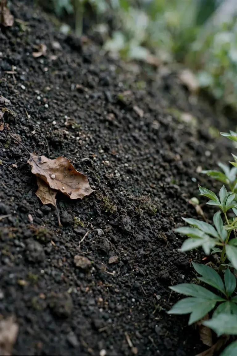 Pale fertilizer granules scattered on soil at a safe distance from a peony crown