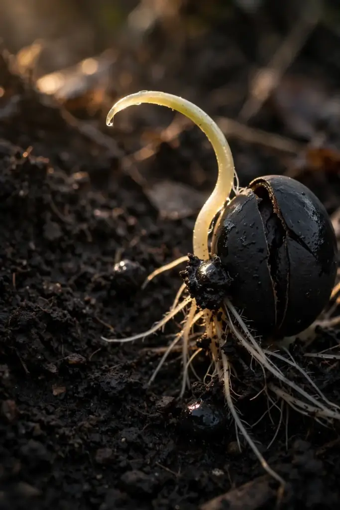 Split peony seed with pale sprout and white rootlets on dark moist soil