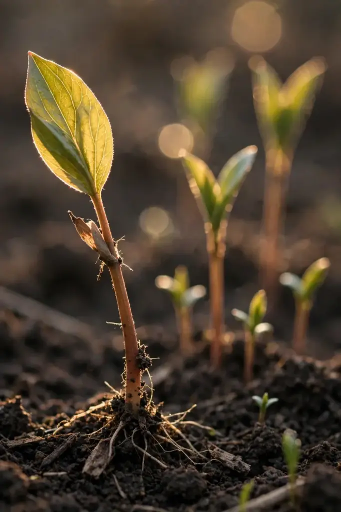 Peony seedlings at successive stages pushing through dark crumbly soil