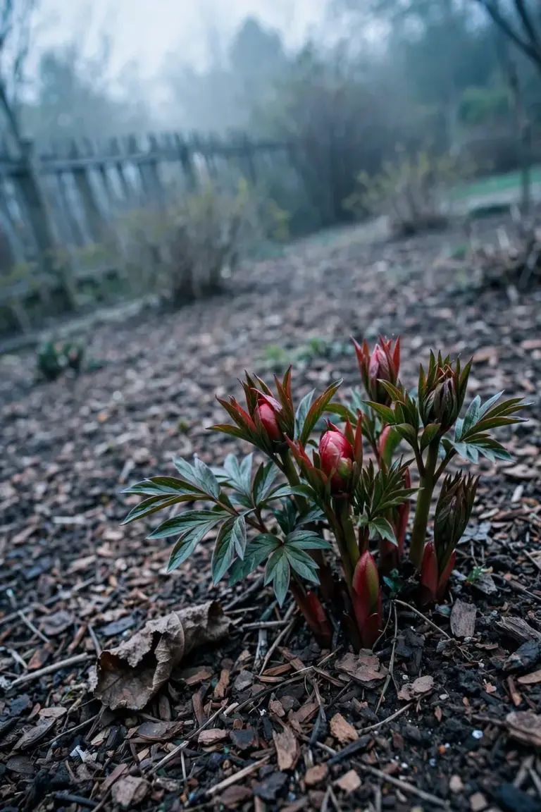 Red peony shoots pushing through cool spring soil in a mulched garden bed