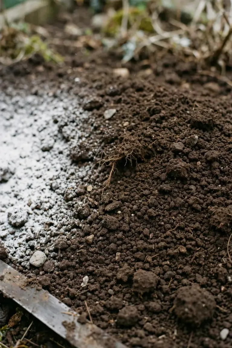 Dark crumbly garden soil with a dusting of white garden lime beside a trowel