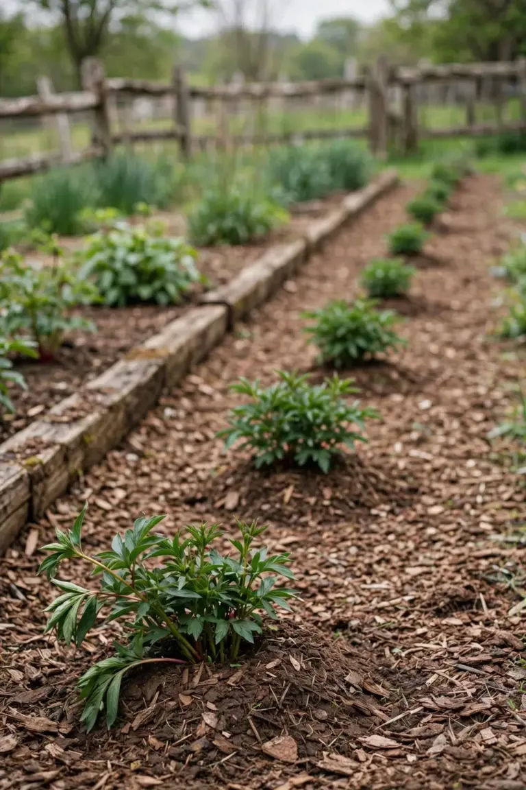 Row of young peony mounds spaced widely along a mulched garden bed