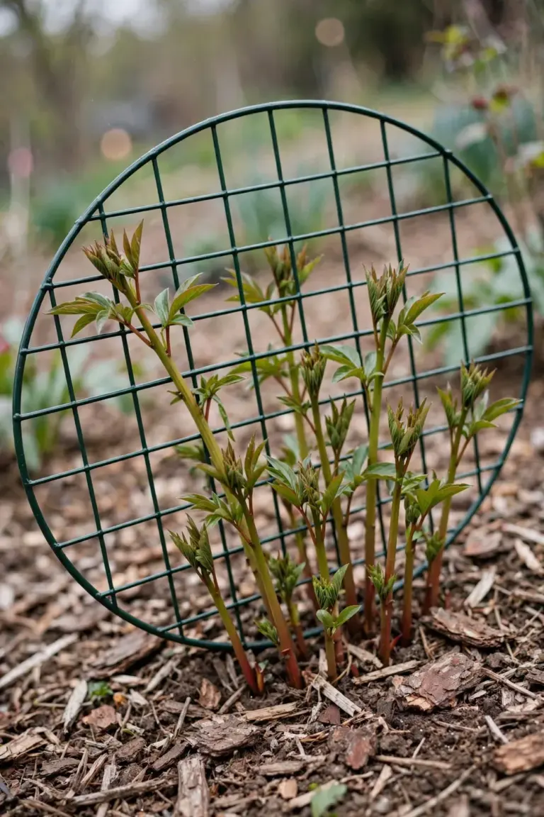 Metal peony hoop supporting young peony shoots before the buds swell