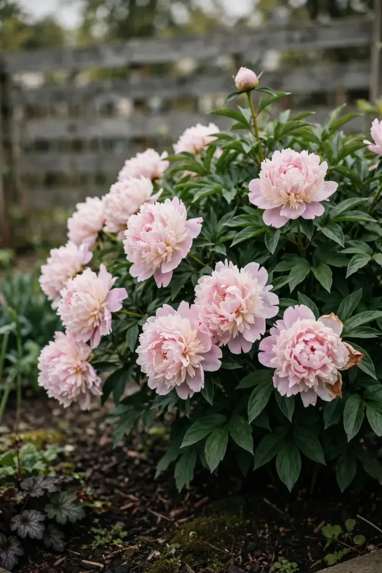 A third-year herbaceous peony bush covered in open pink blooms in a home garden