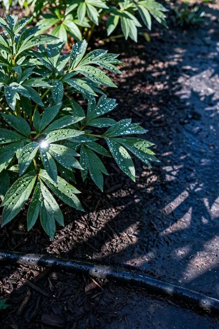 Water droplets on peony foliage with a soaker hose at the base of the plant