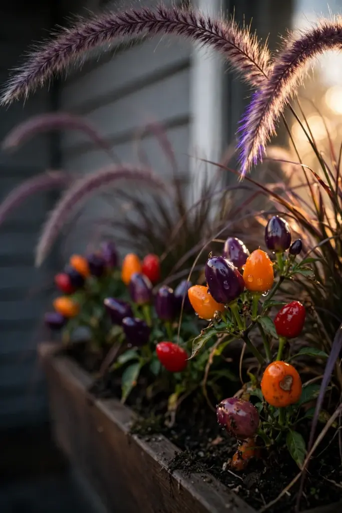 Jewel-tone ornamental peppers with purple fountain grass behind