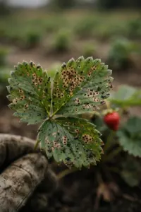 Strawberry leaf with brown spots and dark fruiting bodies, steadied by a worn garden mitt